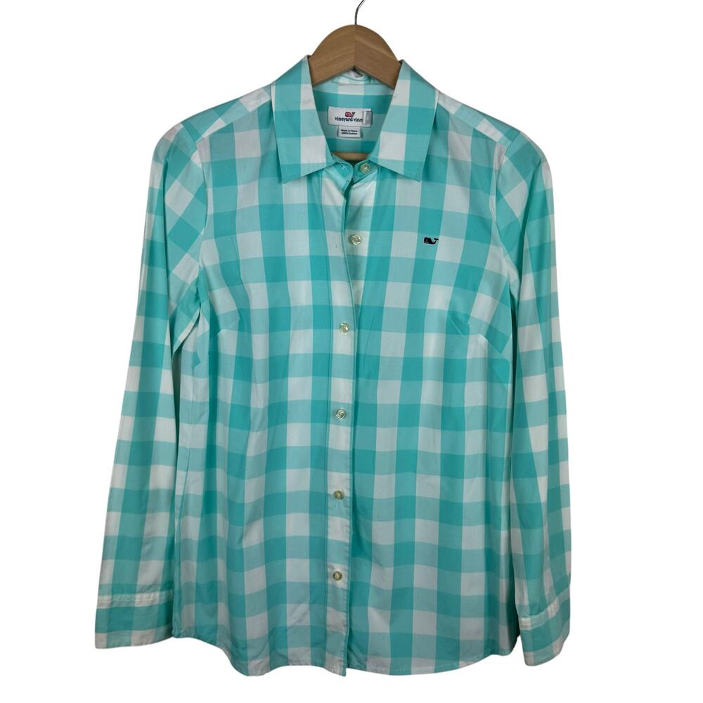 Vineyard Vines Womens Blue Gingham Plaid Button Up Shirt Sz‎ 2 Preppy Layering